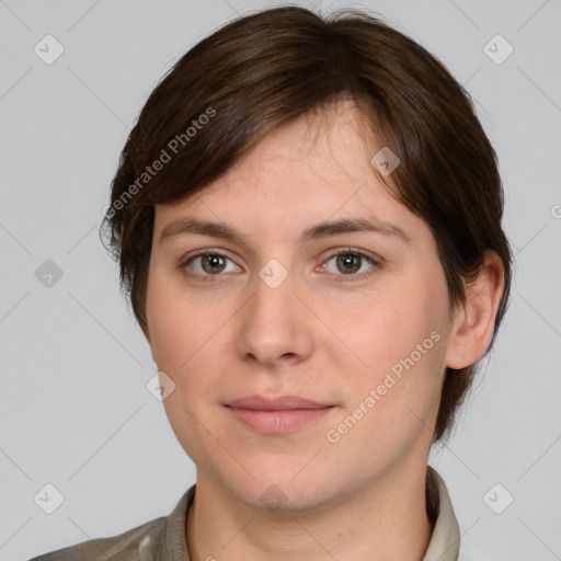 Neutral white young-adult female with medium  brown hair and brown eyes