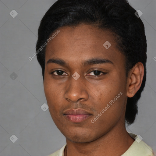 Neutral black young-adult male with short  black hair and brown eyes