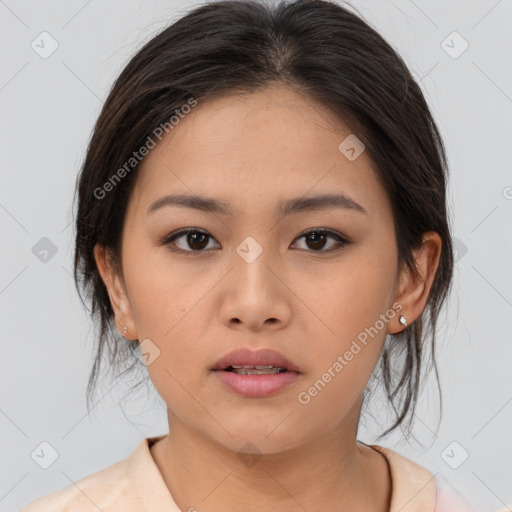 Neutral asian young-adult female with medium  brown hair and brown eyes