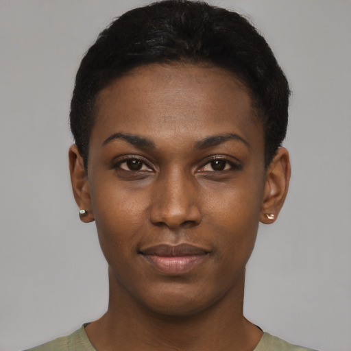 Neutral black young-adult female with short  black hair and brown eyes