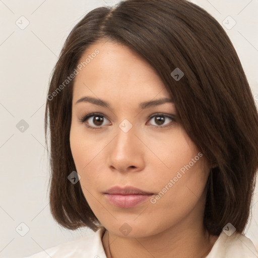 Neutral white young-adult female with medium  brown hair and brown eyes