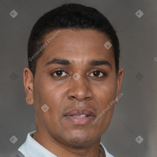 Joyful black young-adult male with short  brown hair and brown eyes
