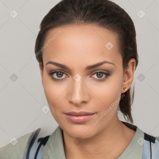 Neutral white young-adult female with long  brown hair and brown eyes