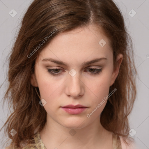 Neutral white young-adult female with medium  brown hair and brown eyes