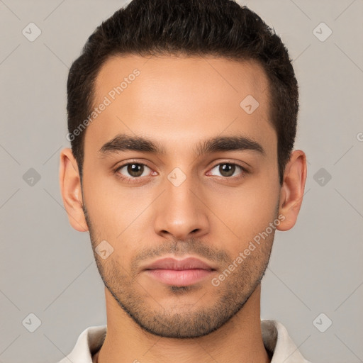 Neutral white young-adult male with short  brown hair and brown eyes