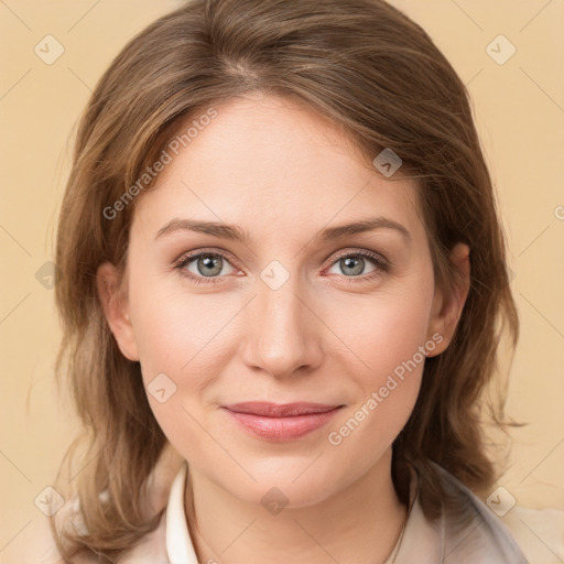 Joyful white young-adult female with medium  brown hair and green eyes