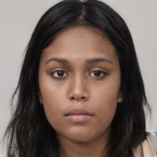 Neutral asian young-adult female with long  black hair and brown eyes