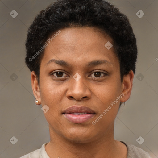 Joyful black young-adult female with short  brown hair and brown eyes