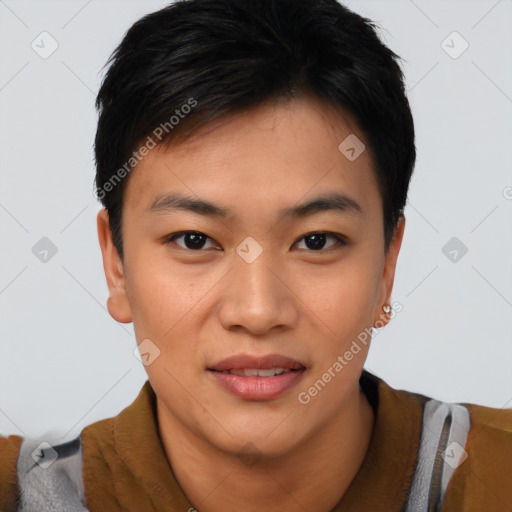 Joyful asian young-adult female with short  black hair and brown eyes