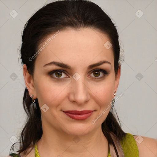 Joyful white young-adult female with medium  brown hair and brown eyes