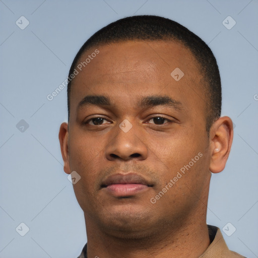 Neutral black young-adult male with short  black hair and brown eyes