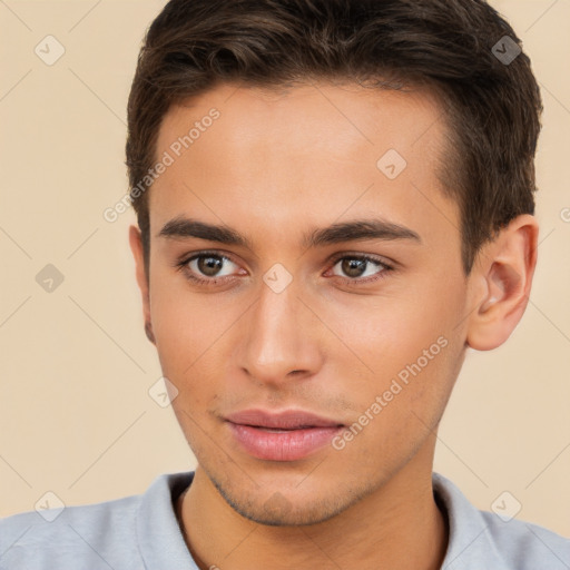 Neutral white young-adult male with short  brown hair and brown eyes