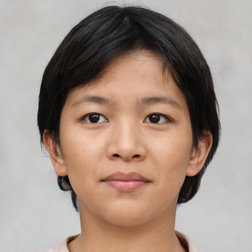 Neutral asian young-adult female with medium  black hair and brown eyes