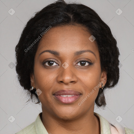 Joyful black young-adult female with medium  brown hair and brown eyes