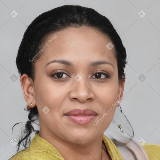 Joyful latino young-adult female with short  brown hair and brown eyes