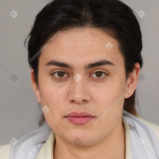 Joyful white young-adult male with medium  brown hair and brown eyes