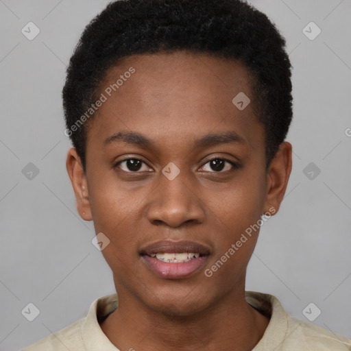 Joyful black young-adult female with short  brown hair and brown eyes