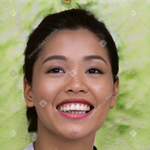 Joyful white young-adult female with short  black hair and brown eyes