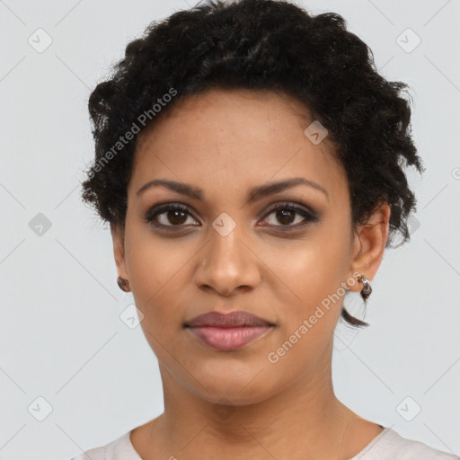 Joyful latino young-adult female with short  black hair and brown eyes