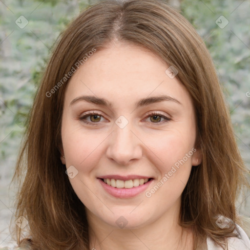 Joyful white young-adult female with medium  brown hair and green eyes