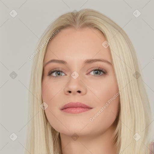 Neutral white young-adult female with long  brown hair and brown eyes