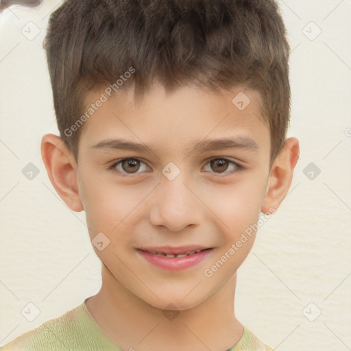 Joyful white child male with short  brown hair and brown eyes