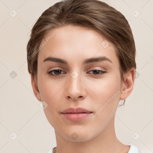 Neutral white young-adult female with short  brown hair and brown eyes