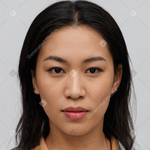 Neutral asian young-adult female with long  brown hair and brown eyes