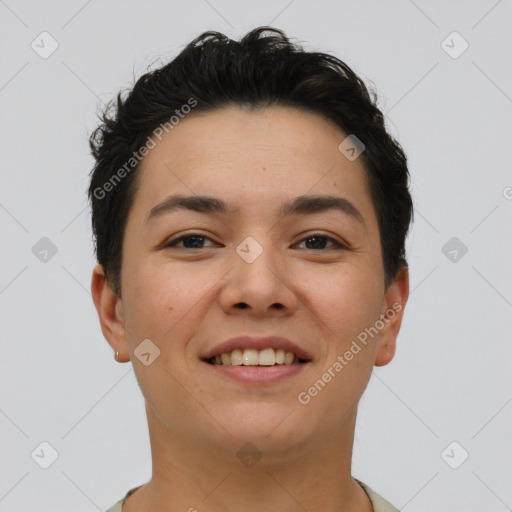 Joyful white young-adult female with short  brown hair and brown eyes