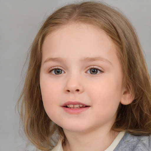 Neutral white child female with medium  brown hair and blue eyes