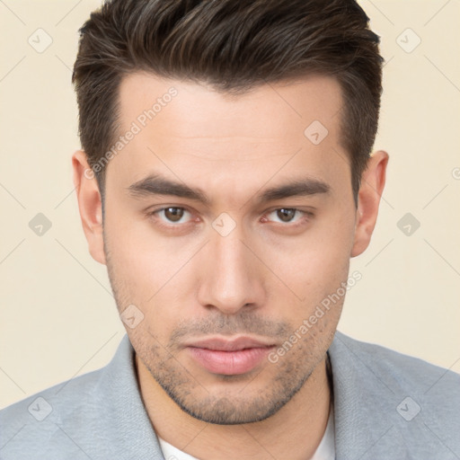 Neutral white young-adult male with short  brown hair and brown eyes