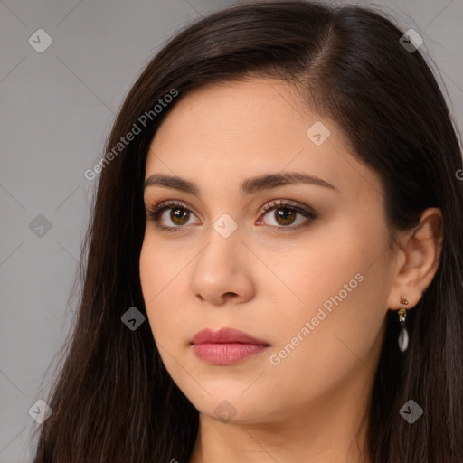 Neutral white young-adult female with long  brown hair and brown eyes