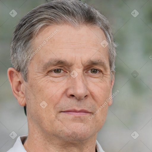 Neutral white middle-aged male with short  gray hair and brown eyes