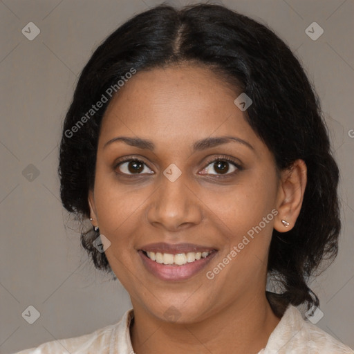 Joyful black young-adult female with medium  black hair and brown eyes