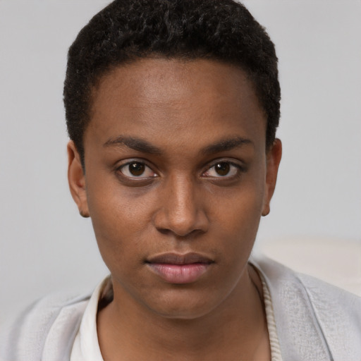 Neutral black young-adult female with short  brown hair and brown eyes