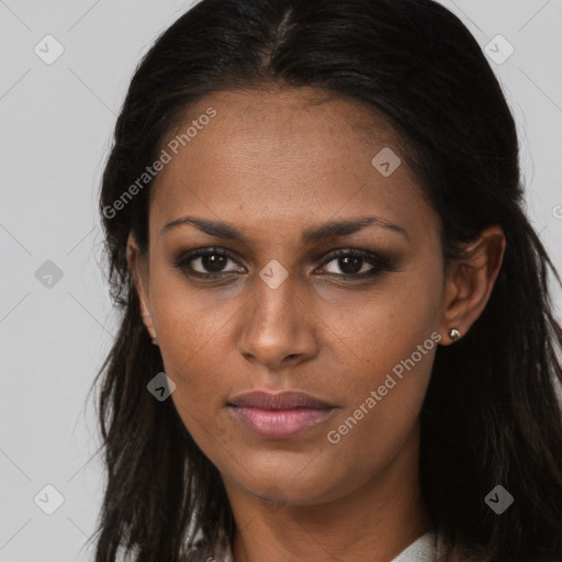 Neutral black young-adult female with long  brown hair and brown eyes