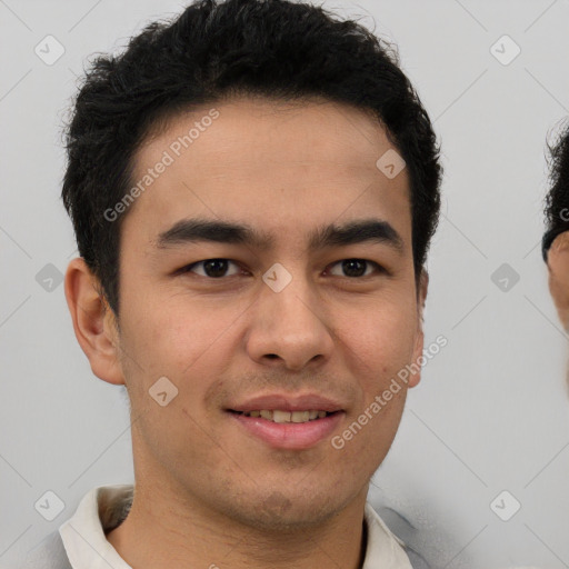 Joyful latino young-adult male with short  brown hair and brown eyes