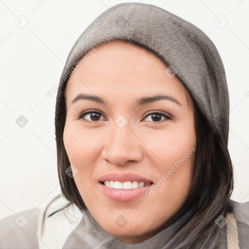 Joyful white young-adult female with medium  black hair and brown eyes