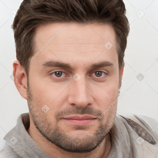 Neutral white young-adult male with short  brown hair and grey eyes