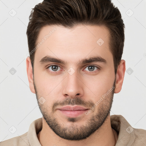 Neutral white young-adult male with short  brown hair and brown eyes