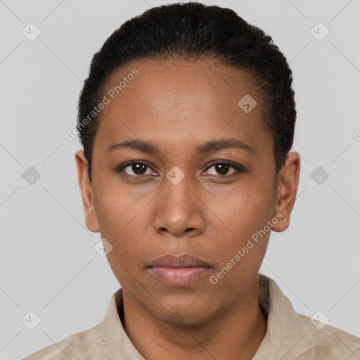 Neutral black young-adult female with short  black hair and brown eyes