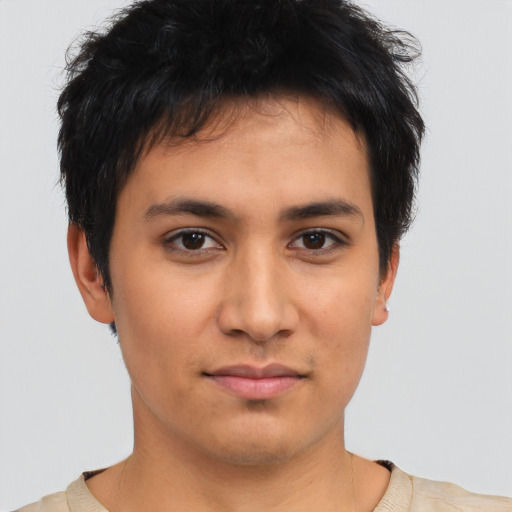 Neutral asian young-adult female with short  brown hair and brown eyes