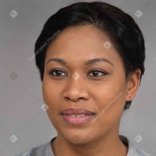 Joyful asian young-adult female with short  black hair and brown eyes