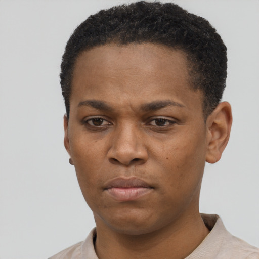 Neutral black young-adult female with short  black hair and brown eyes