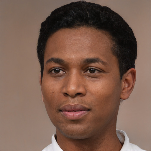 Neutral black young-adult male with short  black hair and brown eyes