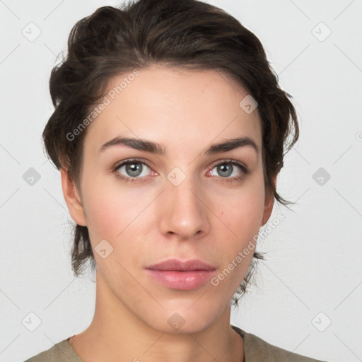 Neutral white young-adult female with medium  brown hair and brown eyes