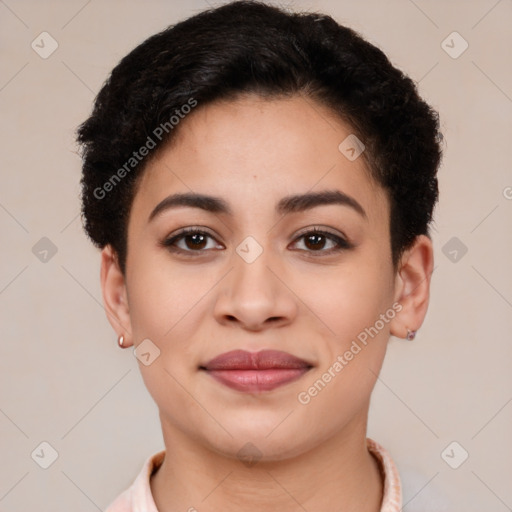 Joyful latino young-adult female with short  brown hair and brown eyes