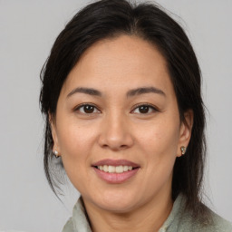 Joyful white adult female with medium  brown hair and brown eyes