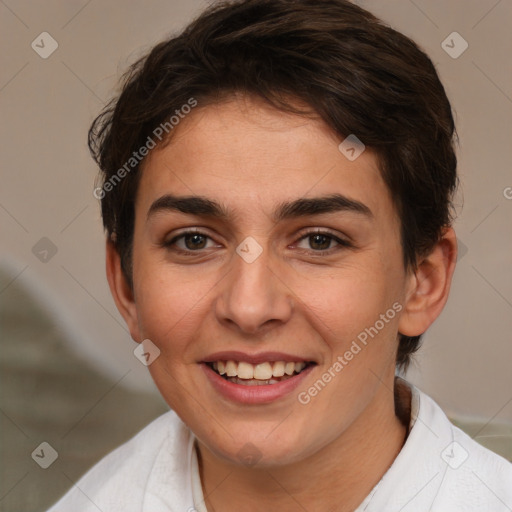 Joyful white young-adult female with short  brown hair and brown eyes