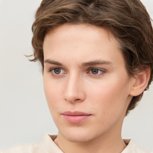 Neutral white young-adult female with short  brown hair and brown eyes